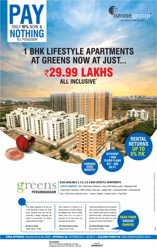 Pay only 10% now & nothing till possession at Ozone Greens in Chennai